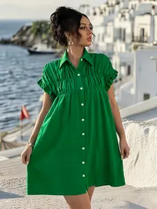Women's Summer Beach Vacation Dress, Loose Ruffled Shirt Collar Short Sleeve Button Front, Comfortable Outerwear Skirt for Spring & Summer