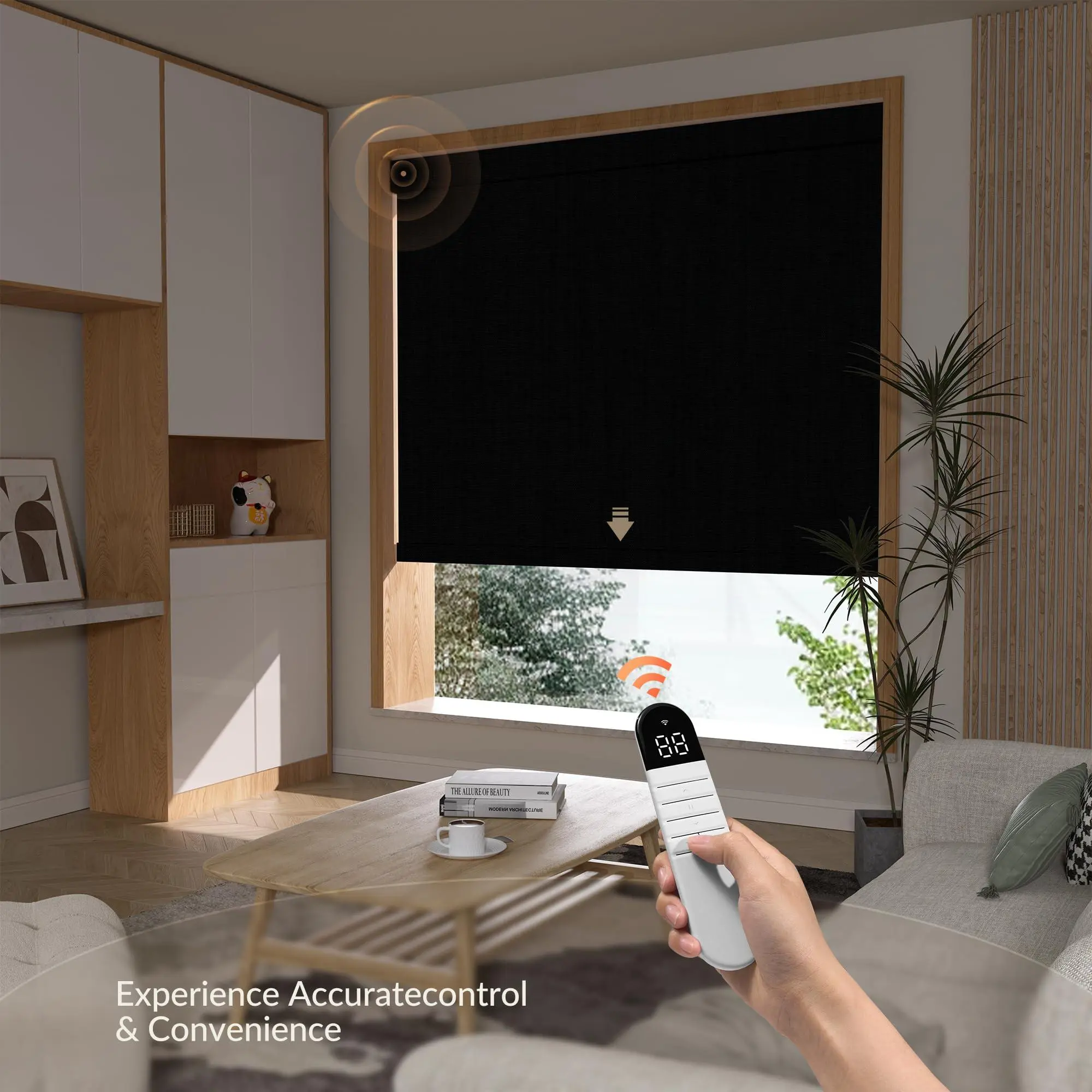Modern Chamarel Fabric Cordless Motorized Blackout Roller Blinds for Windows, Indoor Use, Remote Control, Valance Cover, Wireless Installation, Living Room Privacy Smart Blinds for Modern Home Decor