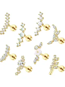 Fashionable Artificial Zircon Decor Earrings Set, High Quality Earrings, Stainless Steel Stud Earrings, Flat Back Cartilage Conch Helix Piercing Jewelry for Women, Ear Studs