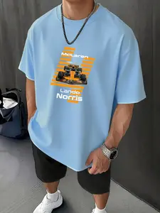 Mclaren F1 Racing Fan Print T-Shirt, Casual Geometric Pattern, Long Sleeve, Fitted Style, Men's Fashion Tee, Comfortable Wear