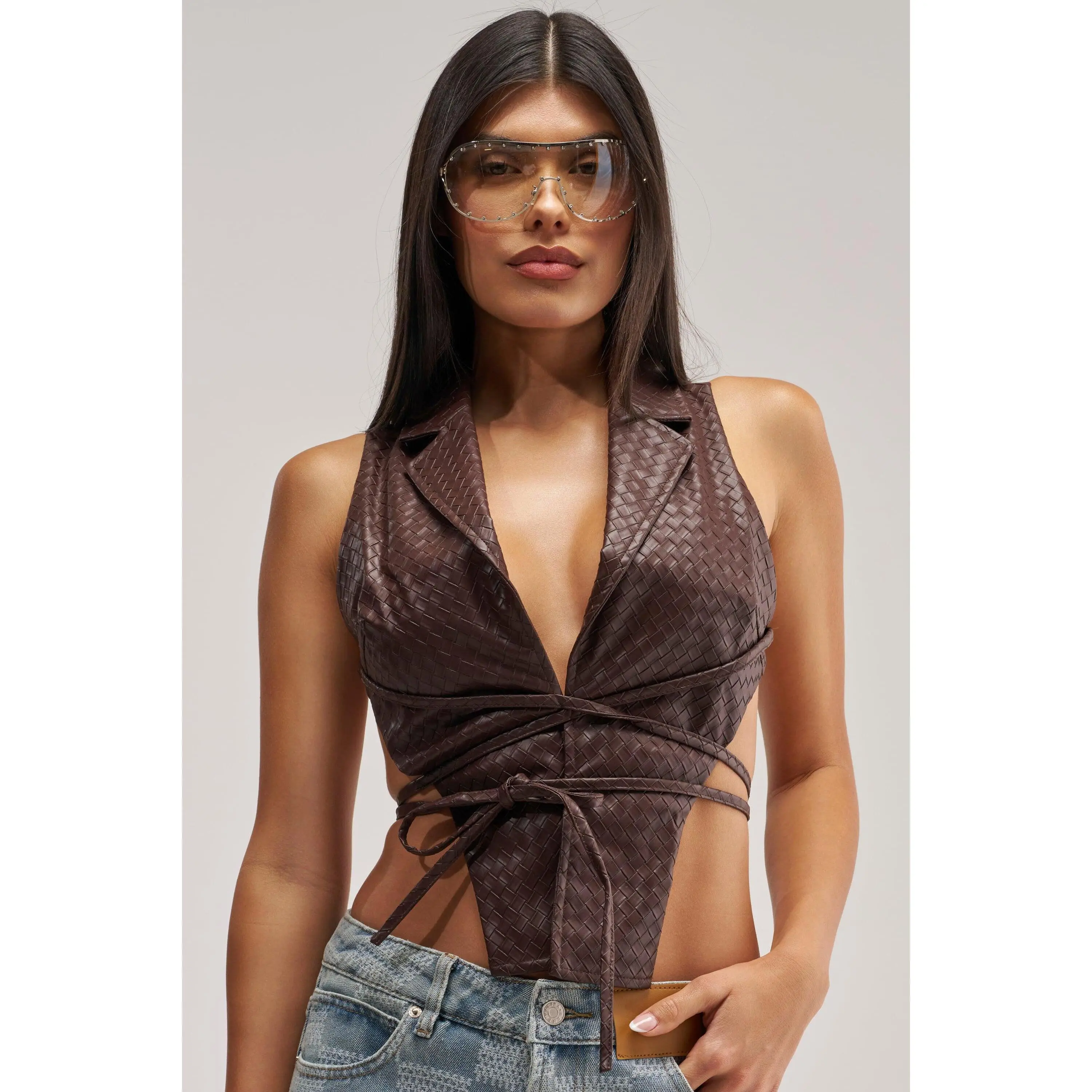 WOVEN LEATHER OPEN BACK VEST IN CHOCOLATE BROWN