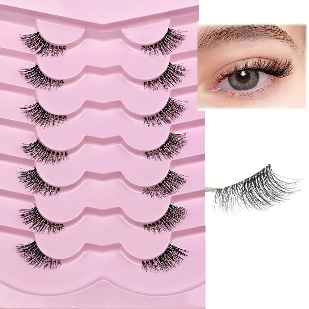 Half Lashes with Clear Band, Natural Looking Wispy Cat Eye Eyelashes, 3D False Lashes, 7 Pairs, 10mm Short Soft Faux Lashes Multipack