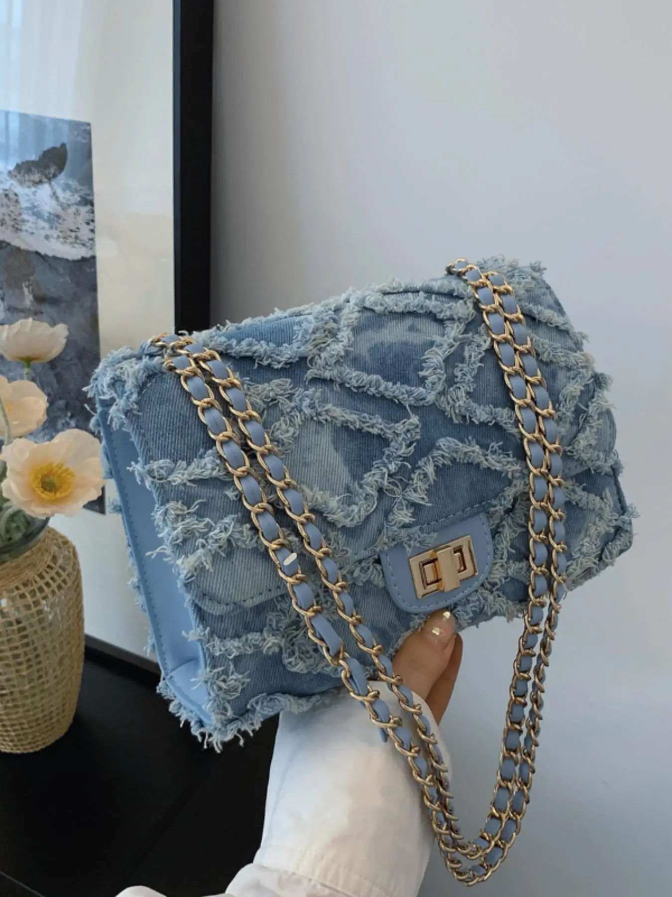 Women's Fashion Chain Strap Denim Rhombus Rough Edge Shoulder Bag, Casual Versatile Solid Color Underarm Bag, Trendy Daily Commuting Bag, Girl Fashion