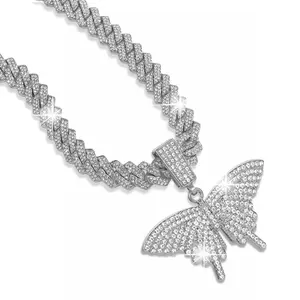 Butterfly Pedant with Cuban Necklace Chain for Women Men Hip Hop Style Miami Cuban Necklace Luxury Sliver 18K Gold Plated Butterfly Pendant Wide Chain Necklace Ideal Jewelry for Daily Wear Gift for Husband Wife Families