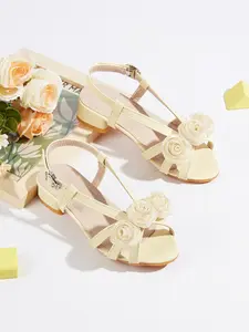 2026 Spring Ready New Girls High Heels, Comfortable Buckle Design, PU Leather, Rubber Sole, Floral Pattern, Floral Accents, Fashion Sandals