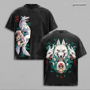 Oversized Wolf Spirit Graphic T-Shirt, Unisex Vintage Washed Heavyweight Cotton Tee, Short Sleeve Japanese Streetwear with Seamless Neckline