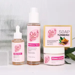 O&J Glow Radiance Skin Care Set with Turmeric Soap, Radiance Toner, Ultra Serum, and Glass Cream for Radiant Skin