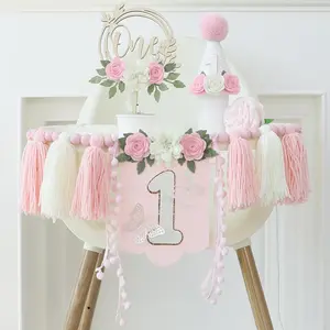 Pink Flower First Birthday Party Decorations For Girl Butterfly Highchair Banner Hat One Floarl Cake Topper 1st Party Decor