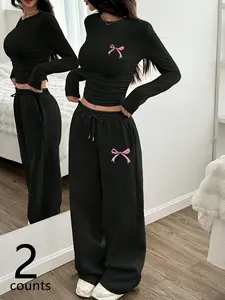 Women's Two-Piece Set with Bow Print, Round Neck Long Sleeve T-Shirt and Long Pants, Casual for Fall Winter, Spring Summer Daily Wear