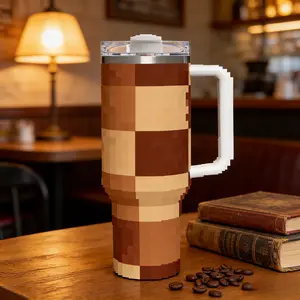 1pc 40oz Brown Checkered Stainless Steel Tumbler with Handle & Straw, Insulated Water Bottle for Women & Men, Leakproof Travel Mug, Fits Car Cup Holder, Retro Grid Coffee Cup, Keeps Cold 24H Hot 8H, Large Capacity for Office Gym Commute