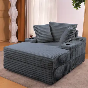 Corduroy Chaise Lounge with Ottoman and 2 Cup Holders, Wooden Frame Indoor Sofa for Home Office Apartment