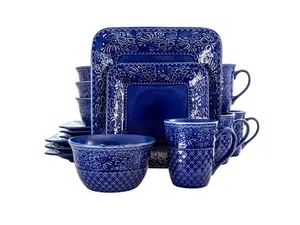Elama Indigo Lotus 16 Piece Square  Dinnerware Set
