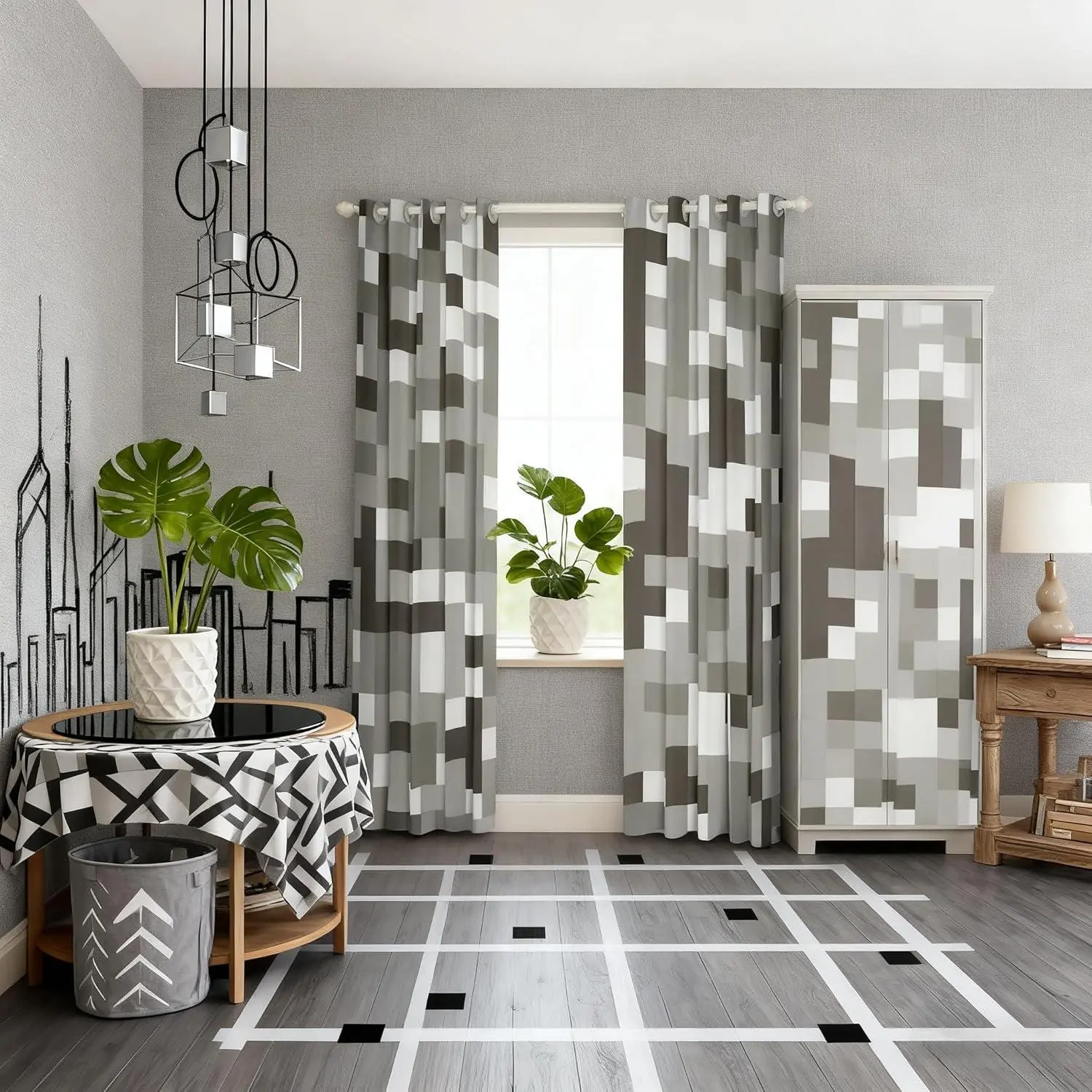 Miners Pixel Checked Boys Girls Room Decor,Cartoon Gamepad Video Games Window Curtains,Geometric Grid Patchwork Blackout Curtains,Gray White 2 Panels