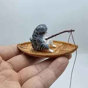 Creative Cute Kitten Boat Fishing Scene Ornament, High-Quality Resin Durable Fish Tank Decoration, Marine Theme Micro Landscape Ornament, Realistic Detail Aquarium Terrarium Additions