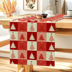 1pc,  Red And White Checkered Cartoon Christmas Tree Pattern Print Design Table Runner Polyester Fabric Kitchen Dining Table Cover Holiday Party Tablecloth Home Decoration