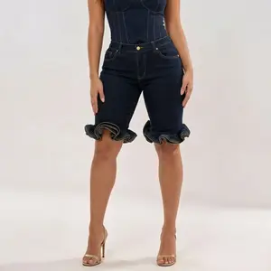 ChicCurve Women's Ruffle Hem Denim Bermudas, High Rise Curvy Fit Stretch Jean Shorts with Golden Edged Frills, Elegant Casual High Waist Capris for All Seasons Party & Streetwear