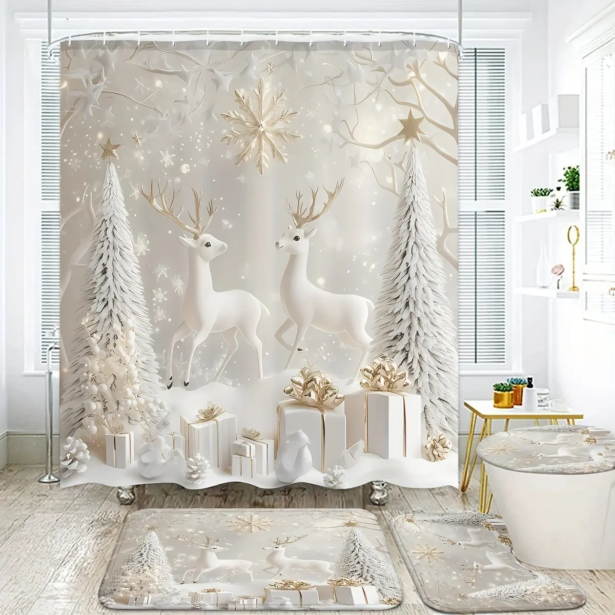 1/3/4pcs Merry Christmas Silvery Christmas Tree Reindeer Stars Shower Curtain Set with Shower Curtain and Carpet Non-slip Bath Mat Toilet Seat Cover 12 Hooks, Bathroom Decor, Winter Decor Christmas Decoration Xmas Gifts