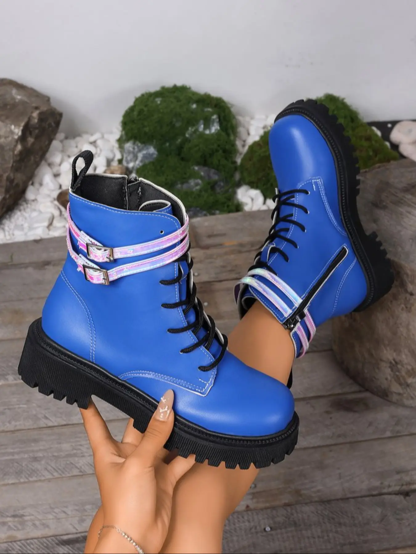 Women's Thick Sole Anti-Slip Short Boots, Lace-Up Motorcycle Side Zipper Skinny Round Toe Chunky Heel Horse Booties