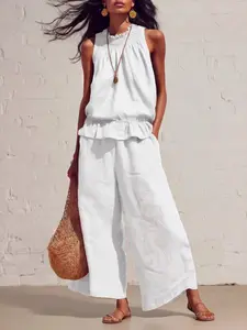 Women's Summer Solid Color Casual Retro Boho Ruffle Cotton Linen Sleeveless Top and Pants Two-Piece Set, Comfortable and Stylish