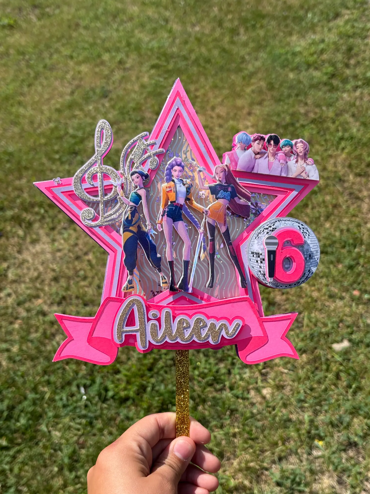 Huntr/x Demon Hunter Cake Topper Rumi Zoey Mira Personalized Birthday Party Celebration Decor for Aileen with Pink Star Design and Number 6