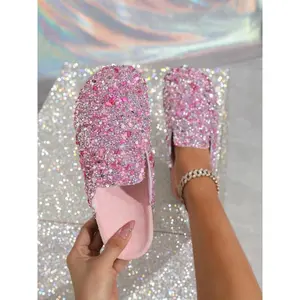 Women's Fashionable Rhinestone & Sequins Decorated Slip on Sandals, Casual Comfortable Flat Sandals for Beach, Fashionable Shoes for Daily Wear, Valentine's Day, Gift Footwear Girl