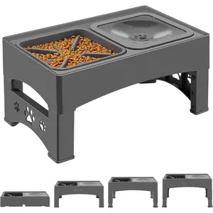 Elevated Slow Feeder  Bowls with No Spill Water Bowl, Raised Bowl for Large Medium Small Dogs,  Stand Splash Guard, 4 Heights 3.7'', 8.5'', 10.1'', 11.7'', Grey (GW03)