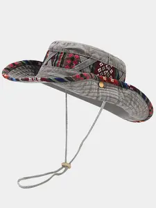 Men'S Sporty Wide Brim Bucket Hat with Adjustable Chin Strap - Breathable Polyester, Sun Protection for Outdoor Camping & Fishing, Colorful Braided Design, Hand Washable, Camping Accessorie, Sports Outdoor Hats
