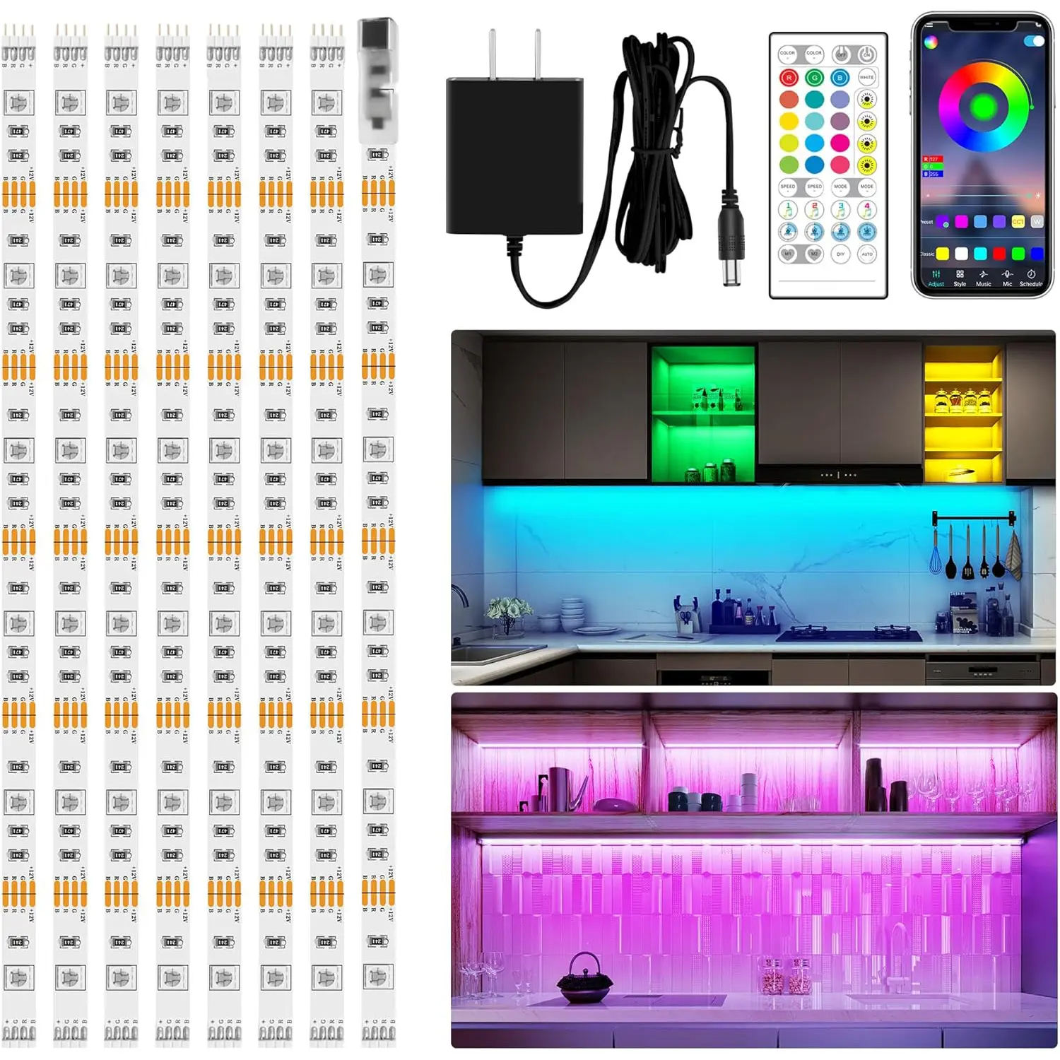 8 PCS RGB Under Cabinet Lighting Kit, App and Remote Control Strip Lights, Music Sync Color Changing Led Lights, for Cabinet, Counter, Shelf, Bookcase, 13ft