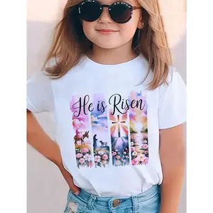 he is risen Girls' Christian Easter Dress - Soft Knit Religious He is Risen Top with Pastel Floral Cross, Short Sleeve Church Outfit for Toddler Girls, Spring Summer Birthday Party Attire, Machine Washable Comfortable Dressy Wear