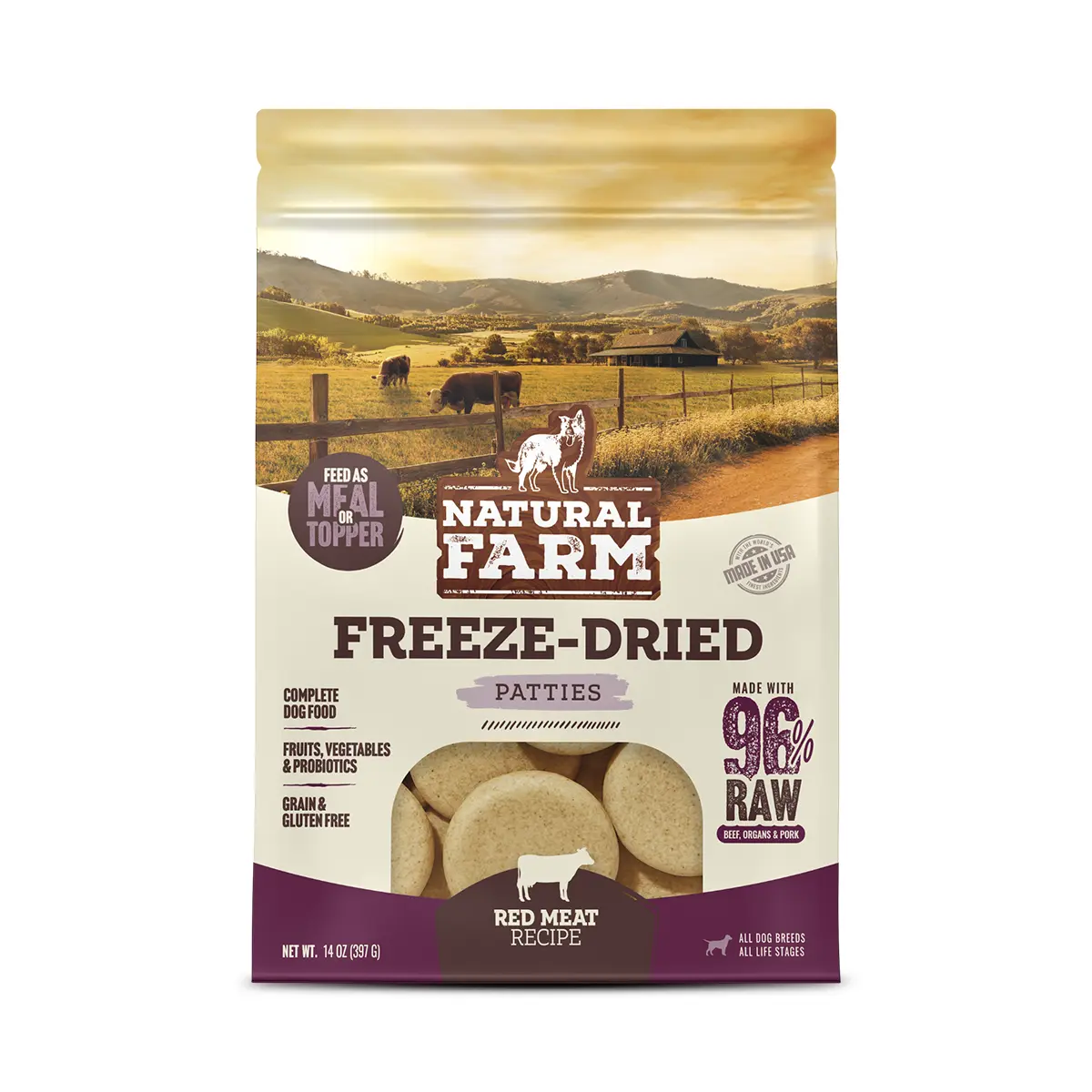 Natural Farm Freeze-Dried Red Meat Patties Dog Meal-Topper (US) - 14-oz Bag, 96% Raw Beef Organs & Pork, Grain-Free, Gluten-Free, Probiotic Boost, Fruit, Fenugreek, Vitamins, Potassium Chloride, Salmon Oil, Beets, Beef Liver, All Life Stages