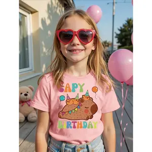 Girls' Birthday Party Outfit - Pastel Pink Cute Capybara Graphic Tee with Happy Birthday Text, Soft Knit Toddler Shirt for Birthday Gifts, Everyday Summer Wear - Machine Washable Girls Clothing, Festive Kids' Design, Comfortable Fit