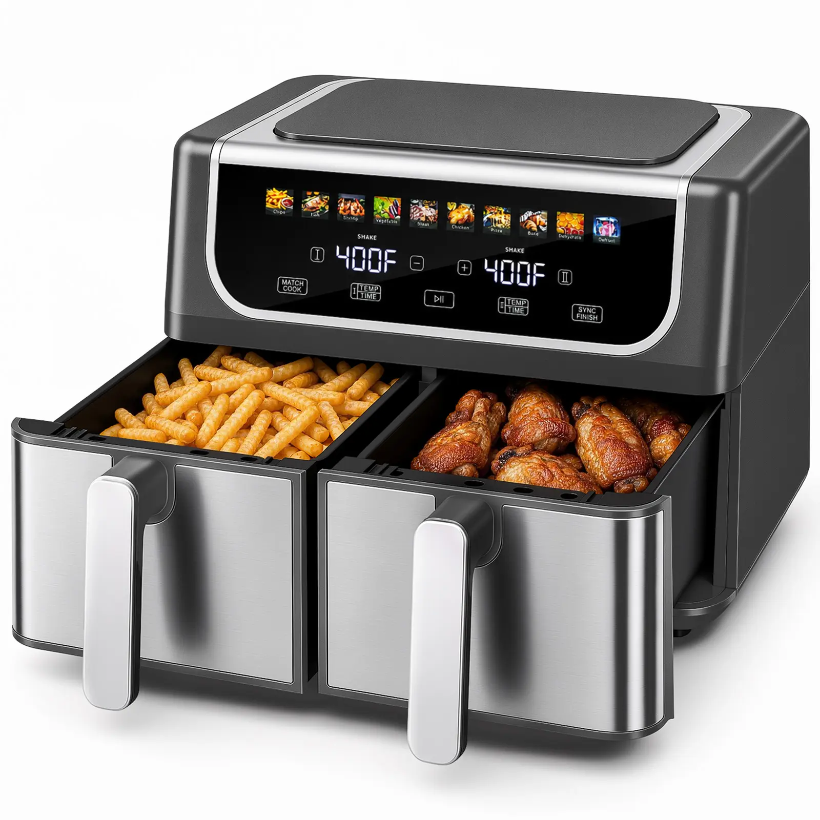 DUMOS 9QT Dual Basket Digital Double Zone Air Fryer - 10-in-1 Smart Digital Cooker, Adjustable Temperature, 2 Independent Nonstick Baskets with Easy View Windows, Sync Finish & Hi-Fry Functions, 200°F-450°F Range Kitchen Appliance