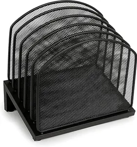 Inclined Desk File Organizer, 5-Section Vertical File Folder Holder Stand Metal Rack File Sorter for Office Classroom Desktop Organization (Black, 1Pack)