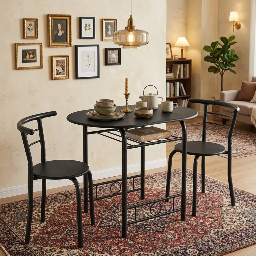 3Pcs Wood Round Table Chair Combo - 3-Piece Home Bar Furniture, Space-Saving Modern Compact Bistro Set with Wine Bottle Storage Shelf for Small Apartment Kitchen Dining Room, Three-Piece Home Bar Furniture