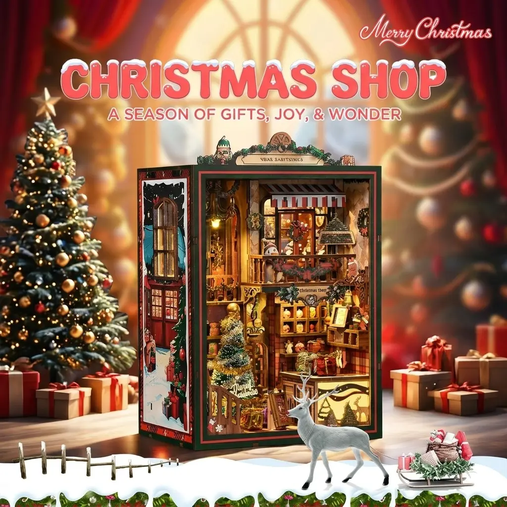 DIY 3D Wooden Book Nook Kit - Christmas Miniature Bookshelf Insert with LED Light & Music Box, Aesthetic Home Decor Desk Ornament