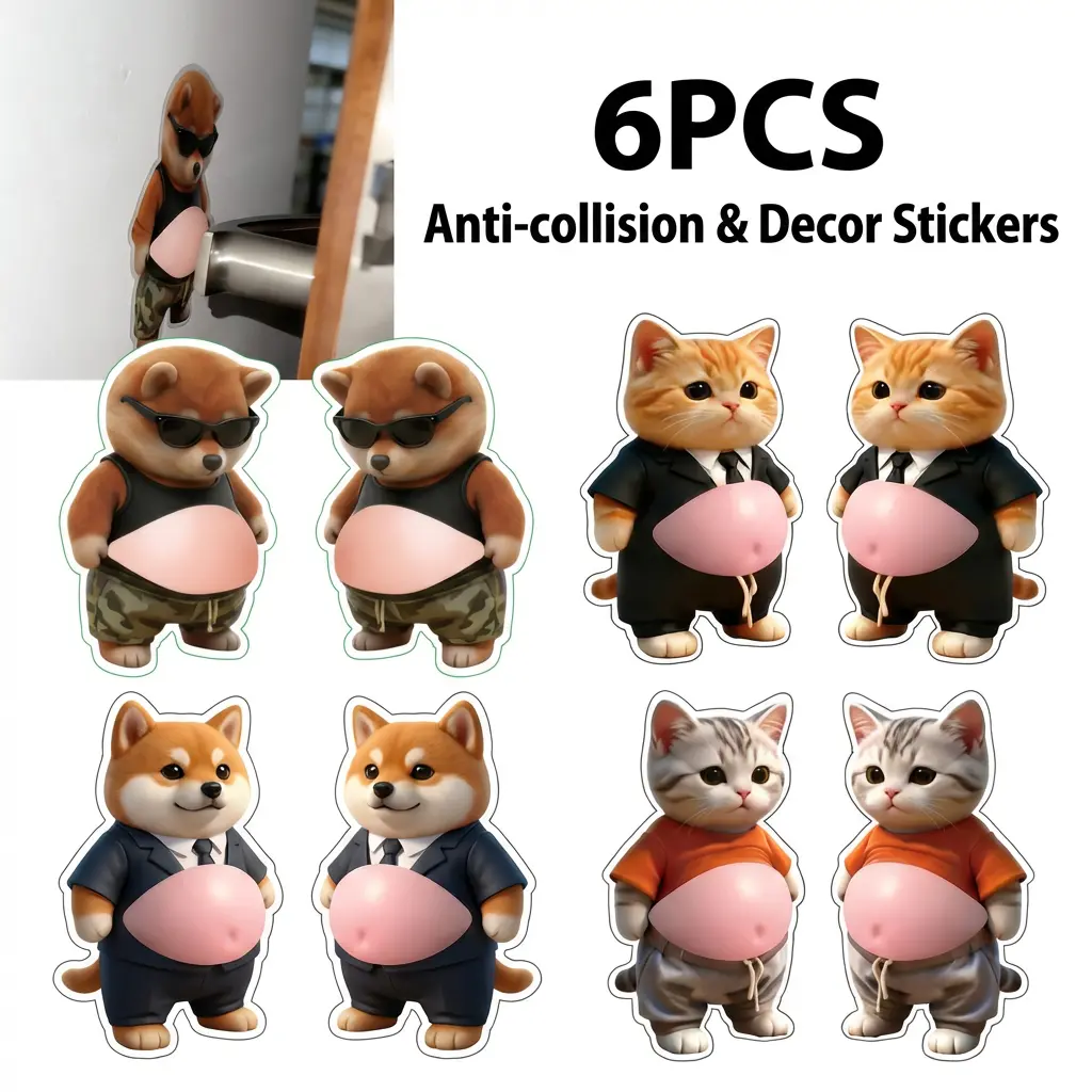 6Pcs 3D Dog & Cat Belly Mochi Squishy Stickers, Stress Relief Fidget, Cute Squeeze Toys for Kids Party Favors, Classroom Gifts, School Rewards, Fun Gift for Adults & Kids, Silicone Puffy Car Door & Wall Buffers, Valentine's Day & Easter.
