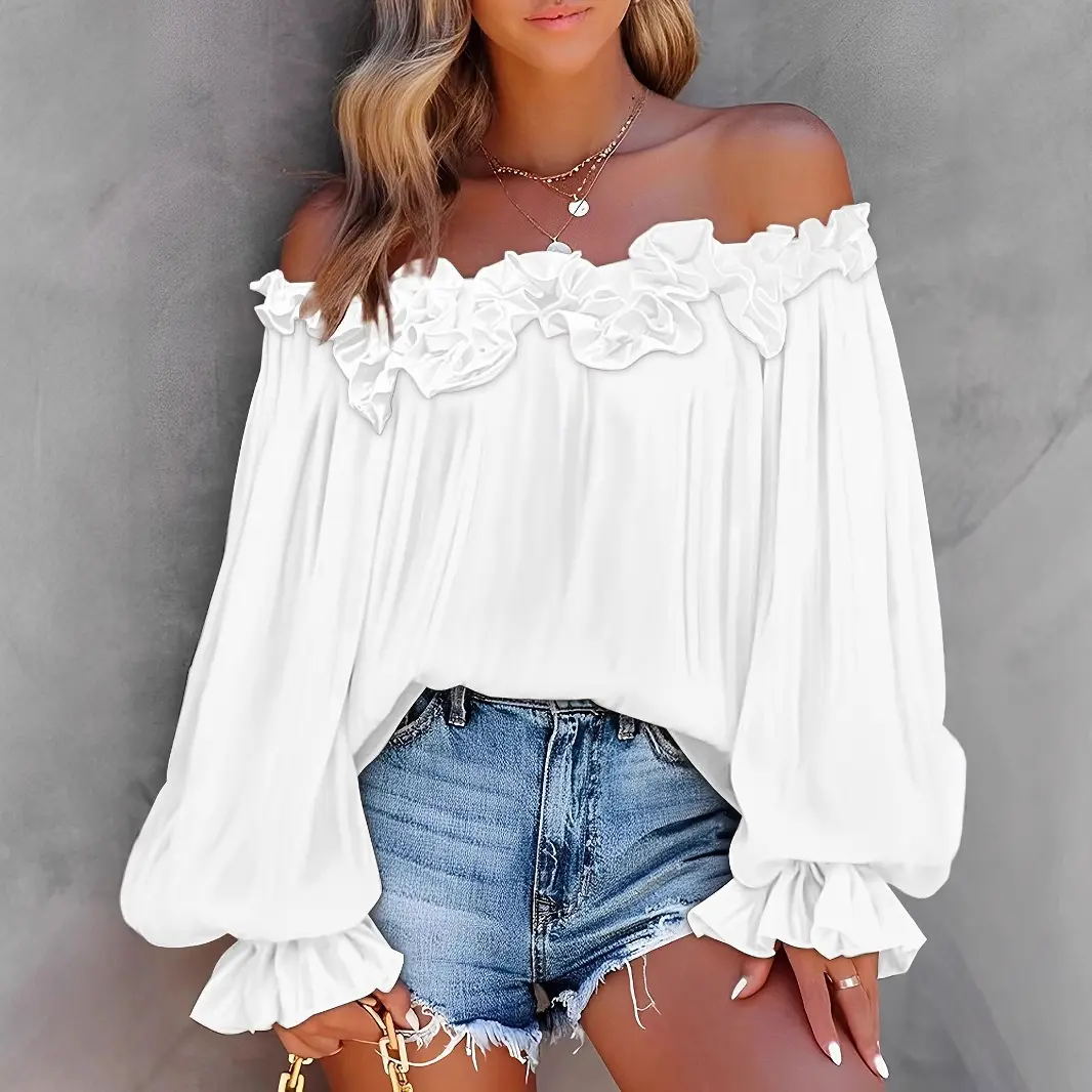 Women's Casual Off the Shoulder Shirts, Loose Fit Plus Size Polyester Blouse with Tiered Ruffle Short Sleeve, Ruffled, Top, Clothes