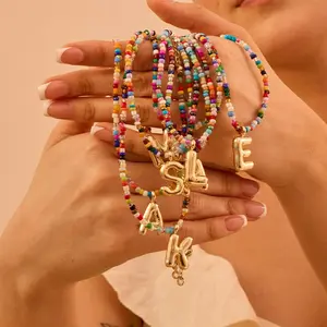 Colorful Letter Necklace for Women Bubble Initial Letter Handmade Beaded Necklace Dainty Custom Cute Beach Boho Necklace for Women Girls Gift Uppercase Alphabet Pendant Necklace