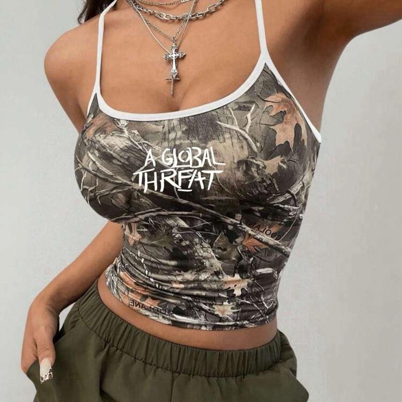“A Global Threat” Embroidered Camo Tank – Fitted Streetwear Edition Spandex Top Womenswear Apparel Embroidery Forest Graphic Everyday