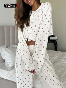 Women's Autumn Winter Casual Knit Pajama Nightwear Set, Floral Pattern Long Sleeve Top & Pants, Loose-Fitting Set for Christmas and Valentine's Day