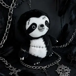 25cm Gothic Stitch Sloth Plush Toy Cute Black White Patchwork Sloth Stuffed Doll Soft Emo Goth Animal Plushie Halloween Gift for Kids