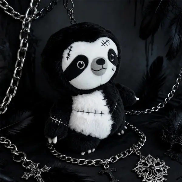 25cm Gothic Stitch Sloth Plush Toy - Cute Mini Animal Stuffed Doll with Fluffy Fabric, Black White Patchwork, Emo Goth Design, Halloween Gift for Kids, Cute Mini Animal Stuffed Toys, Soft Emo