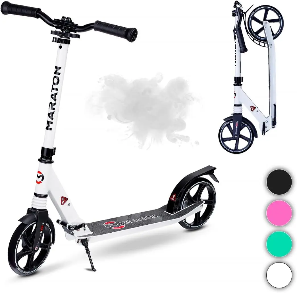 Maraton Kick Scooter Comfort 200, White | Big Kid Scooter | For Teens 8-18 Year Old | 220 lbs, XL Wheels, Lightweight | Durable Folding Scooter For Kids Ages 10-14 | Foldable Scooter for Teenagers. High Quality