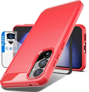 Phone Case for Samsung Galaxy S23 FE 5G Case with Tempered Glass Screen Protector, Shock-Absorption Brushed Flexible Soft TPU Carbon Fiber Protective Cover for Samsung S23 FE (Red)