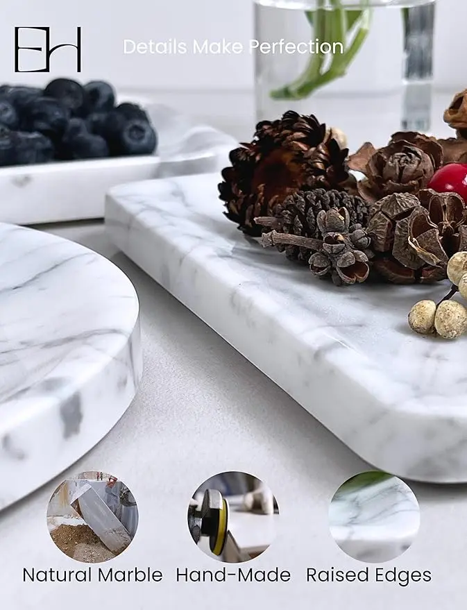Natural Marble Storage Tray - 8in Square Calacatta White Stone Tray with Inside Raised Edges, Bathroom Organizer for Home Kitchen Vanity Countertop Decor