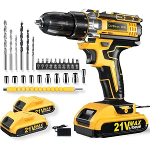 Drill, 21V Cordless Drill with Dual 2.0Ah Power Pack, Electric Drills 3/8 Inch Chuck 370 In-lbs, 25+1 Torque Power Combi  Set with Power Pack and Charger, 2 Speed LED Light 29 Accessories