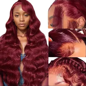 [30inch only $108] 99J Burgundy Lace Front Wigs Human Hair 13x6 HD Transparent Body Wave Pre Plucked 99J Burgundy Red Wine 13X4 Lace Human Hair Wigs for Women with Larger Lace Space & 6 Inches Deep Part