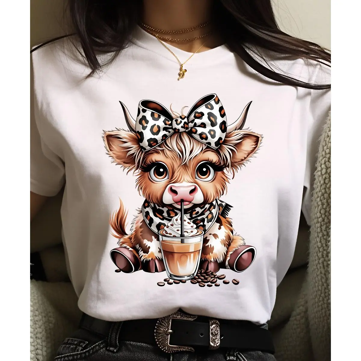 Cute Highland Cow Coffee Shirt, Leopard Bow Iced Latte Cowgirl Tee, Boho Farm Animal Graphic Shirt, Cozy Western Coffee Lover Tee