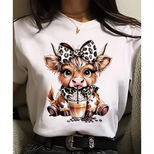 Cute Highland Cow Coffee Shirt, Leopard Bow Iced Latte Cowgirl Tee, Boho Farm Animal Graphic Shirt, Cozy Western Coffee Lover Tee