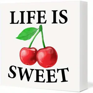Cherry Sign Kitchen Decor Motivational Cherry Life Is Sweet Wood Block Sign Decoration for Home Dinning Room Bathroom Table Shelf 5x5 inch